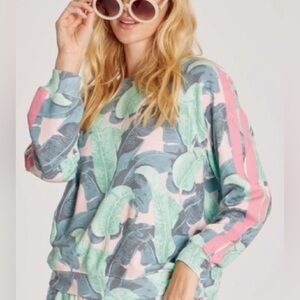 Wildfox Martinique Leaves Tropical Print Sweatshirt Size L Ribbed Edge Island